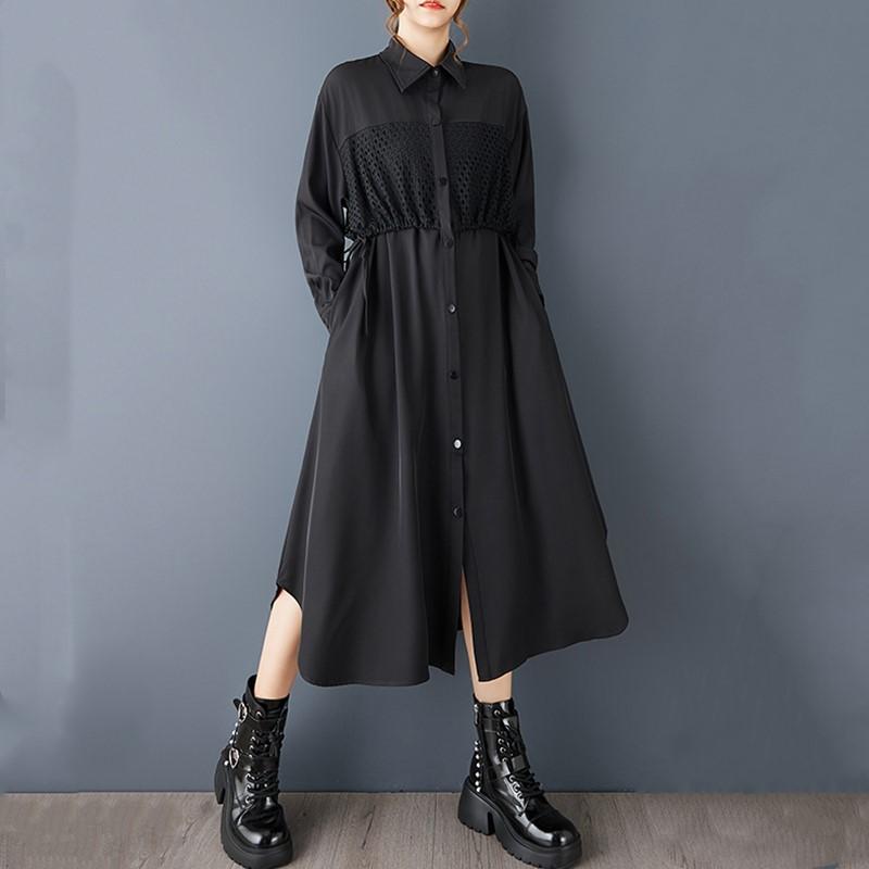 

Платье-рубашка с длинным рукавом, большого размера, черное, винтажное, новое, для женщин, повседневное, свободное, весенне-осеннее