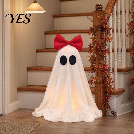 Pink Bow Ghost Decoration LED Decoration, Halloween Tabletop Ornament, Soft Girly Fabric Haunted House Decor with Warm Glow for Home Cute Ornament