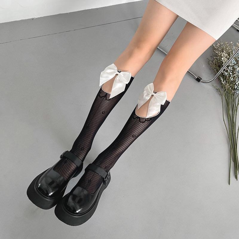 Women Girl Hollow Pile Socks Lolita Lace Calf Socks Stretchable Large Bow Lace Socks Gift for Anniversary Day