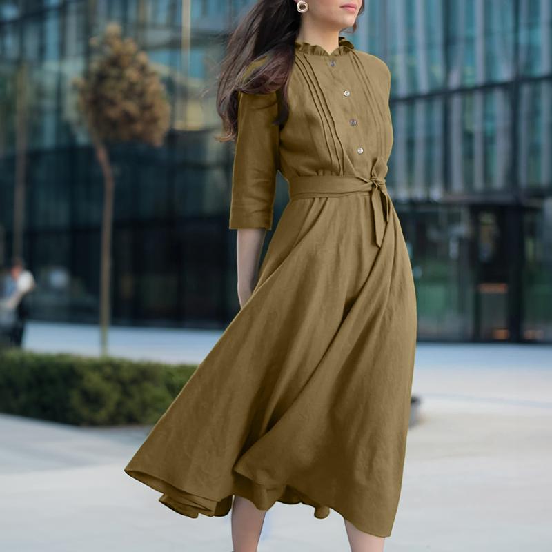 ZANZEA Women Round Neck Casual 3/4 Sleeve Loose Long Dress