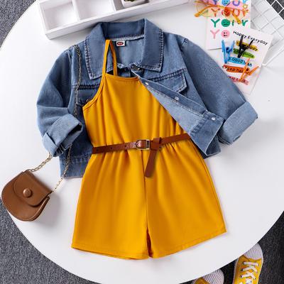 Girls Fashion Suit Spring/Summer Kids Casual Halter Romper Shorts + Simple Denim Jacket with Belt Suit