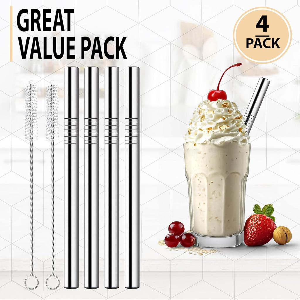 Stainless Steel Smoothie Straws, 0.4'' Extra Wide Reble Metal Drinking Straws for Milkshake, Smoothie, Bubble Tea, Juice, Beverage, Set of 4 with 2