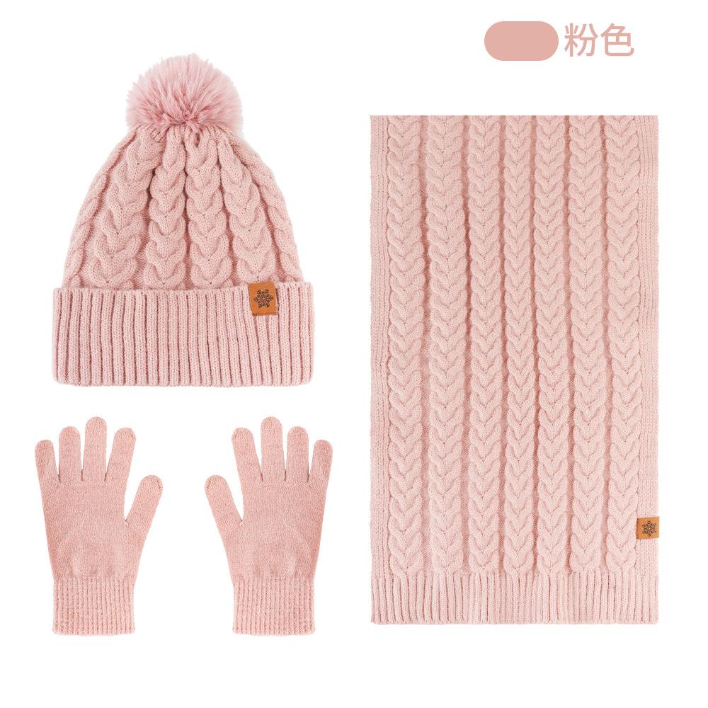 Winter Knitted Hat Scarf Gloves Three-piece Set Double-layer Piled Thickened Warm Wool Knitted Hat Wheat Ears