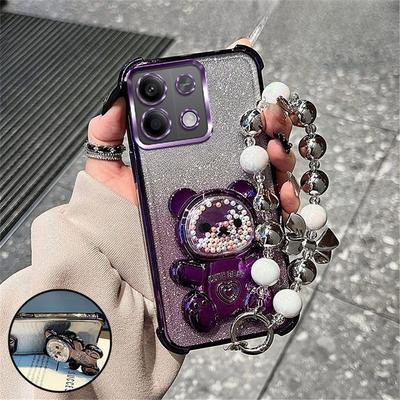 Luxury Bow Strap Bear Phone Holder Case For Xiaomi Redmi Note 13 Pro Plus 11S 10S 9S 12 11 10 9 8 Glitter Shockproof Stand Cover