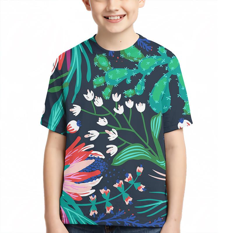 Children's Plant Pattern 3D Digital Printed Boys' Casual and Comfortable Round Neck Short Sleeved T-shirt