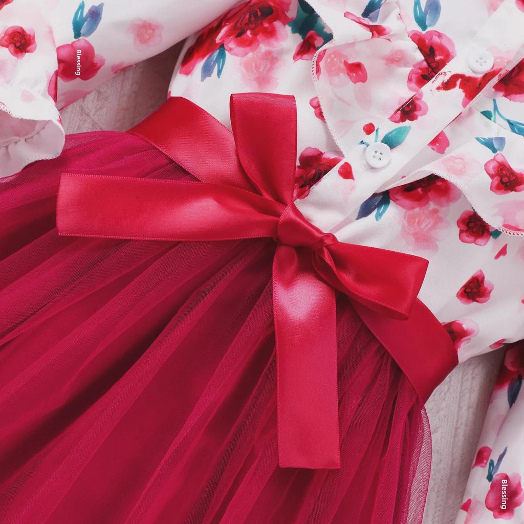 New Girls' Floral Mesh Dress with Woven Belt