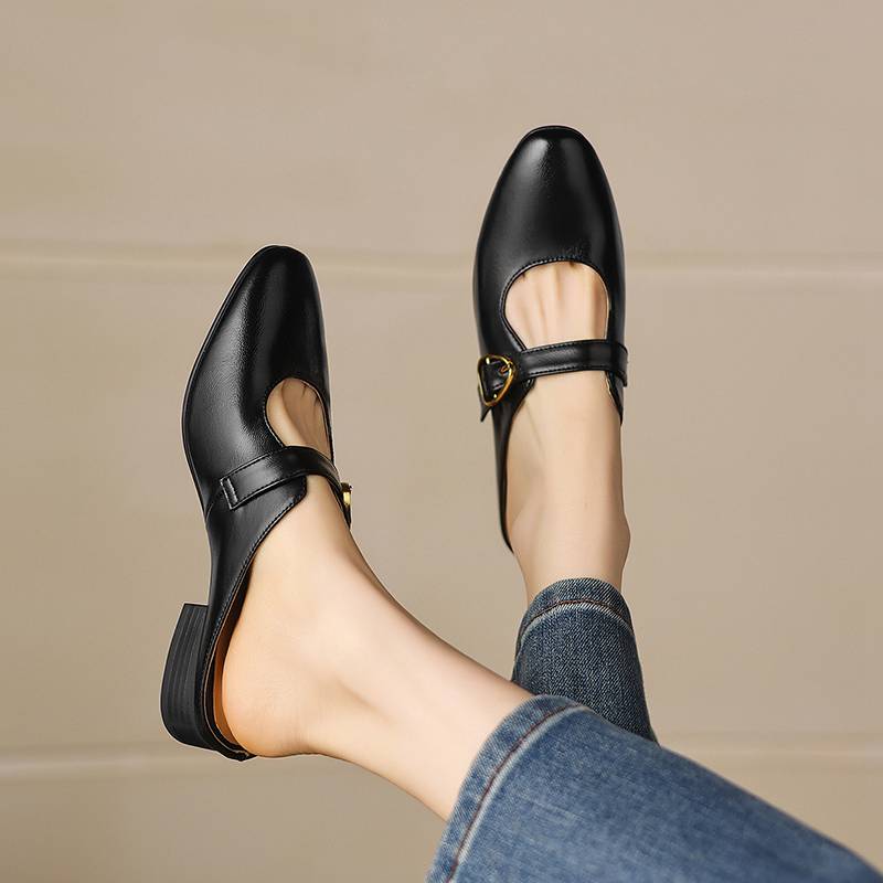 Krazing Pot Cow Skin Round Toe Low Heels Summer Shoes Big Size 42 Ankle Straps Women Pumps