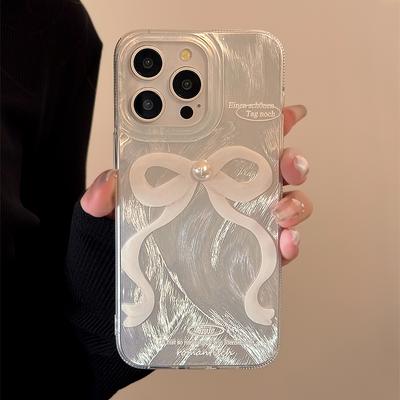INS Korean 3D Pearl Cute White Ribbon Bow Phone Case For iPhone 15 Pro 14 13 12 Pro Max Feather Laser Shockproof Aesthetic Cover