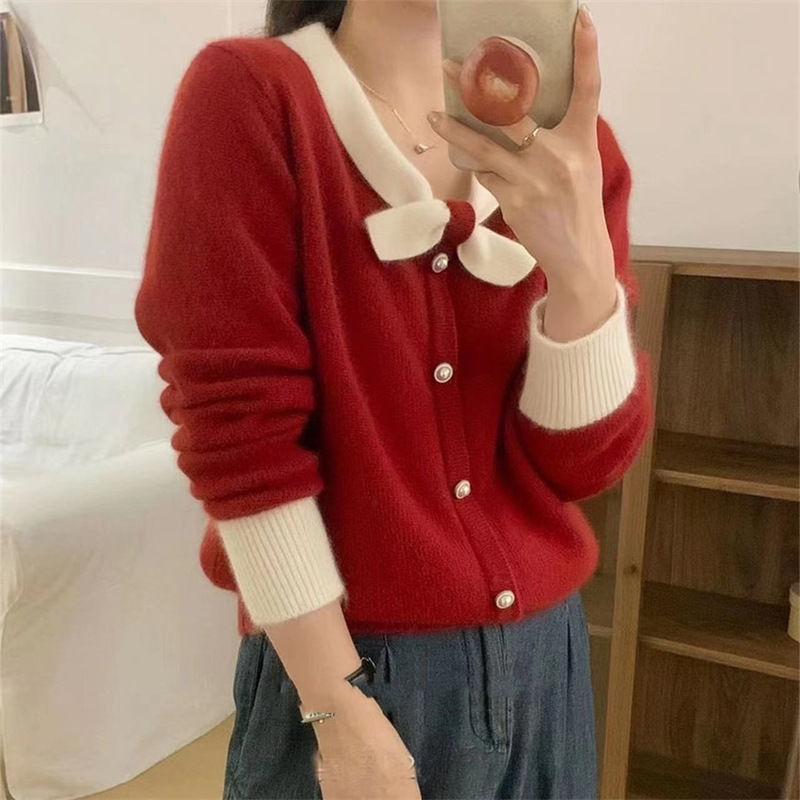 French gentle style spring new sweater small bow round neck long sleeved contrasting red women's knitted cardigan