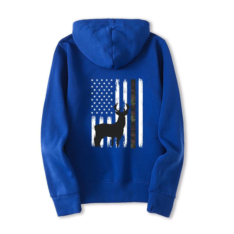 White Tailed Deer Hunting Hunter Gift Bucks Camouflage American Flag Pullover Men's Back Printed Fashionable Casual Hoodie