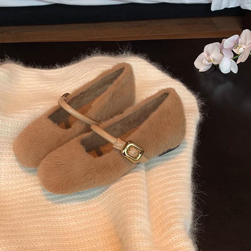 Ballet style inner height increase with fluffy Mary Jane 2025 autumn and winter new gentle soft-soled velvet single shoes