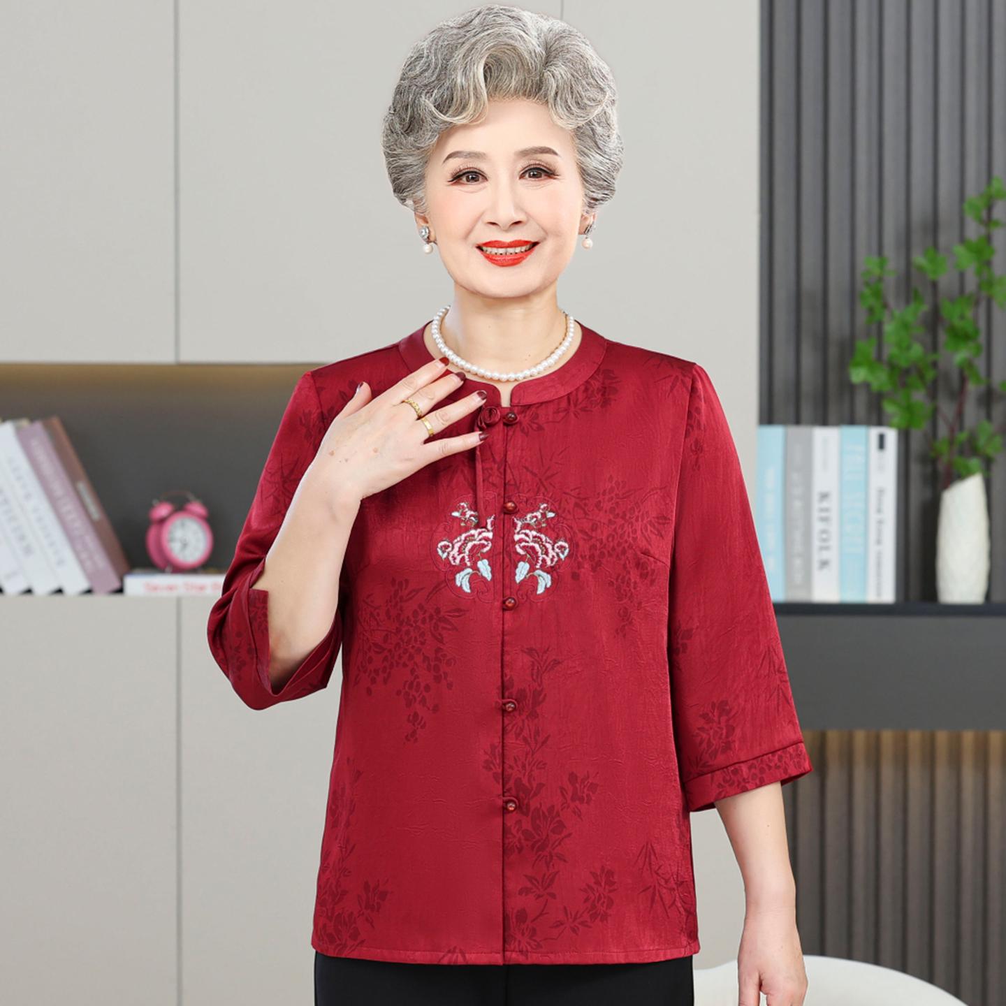 Grandma s Summer Cardigan & Shirt Set for Elderly Women - Short Sleeve Two-Piece Tang Suit 3XL (recommended 115-130 jin)