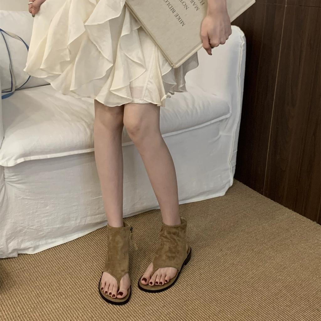 Coarse heel suede toe cool boots women's shoes thin breathable khaki with skirt small short boots