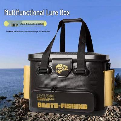 Seatable Fishing Bucket with Multi-Purpose Rod Holder, Lure Box, & Thickened EVA Live Fish Compartment
