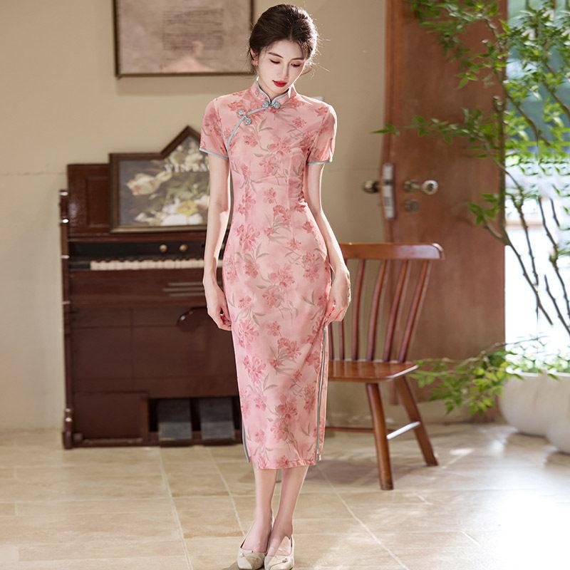 Pink National Style New Chinese Suzhou Long Cheongsam Improved Young 1011 New Women's High-end Sense Can Be Worn Daily