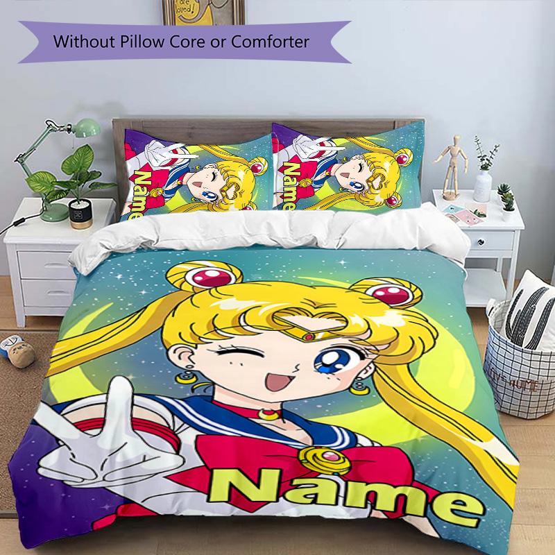 3pcs Sailor Moon 2 Cover Set - Personalized Name, HD Printed Bedding with 1 Cover and 2 Pillowcases - Perfect for Home Decor, Easy Care
