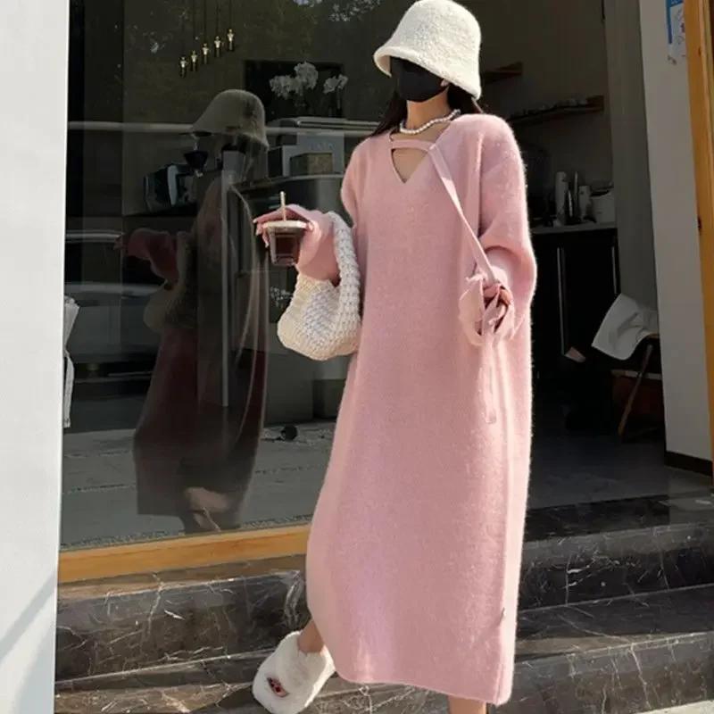 

WTEMPO Женские вязаные свитера платья осень зима пальто длинный ремешок однотонный цвет V-образный вырез лента корейский стиль мода Y2k 3XL розовый