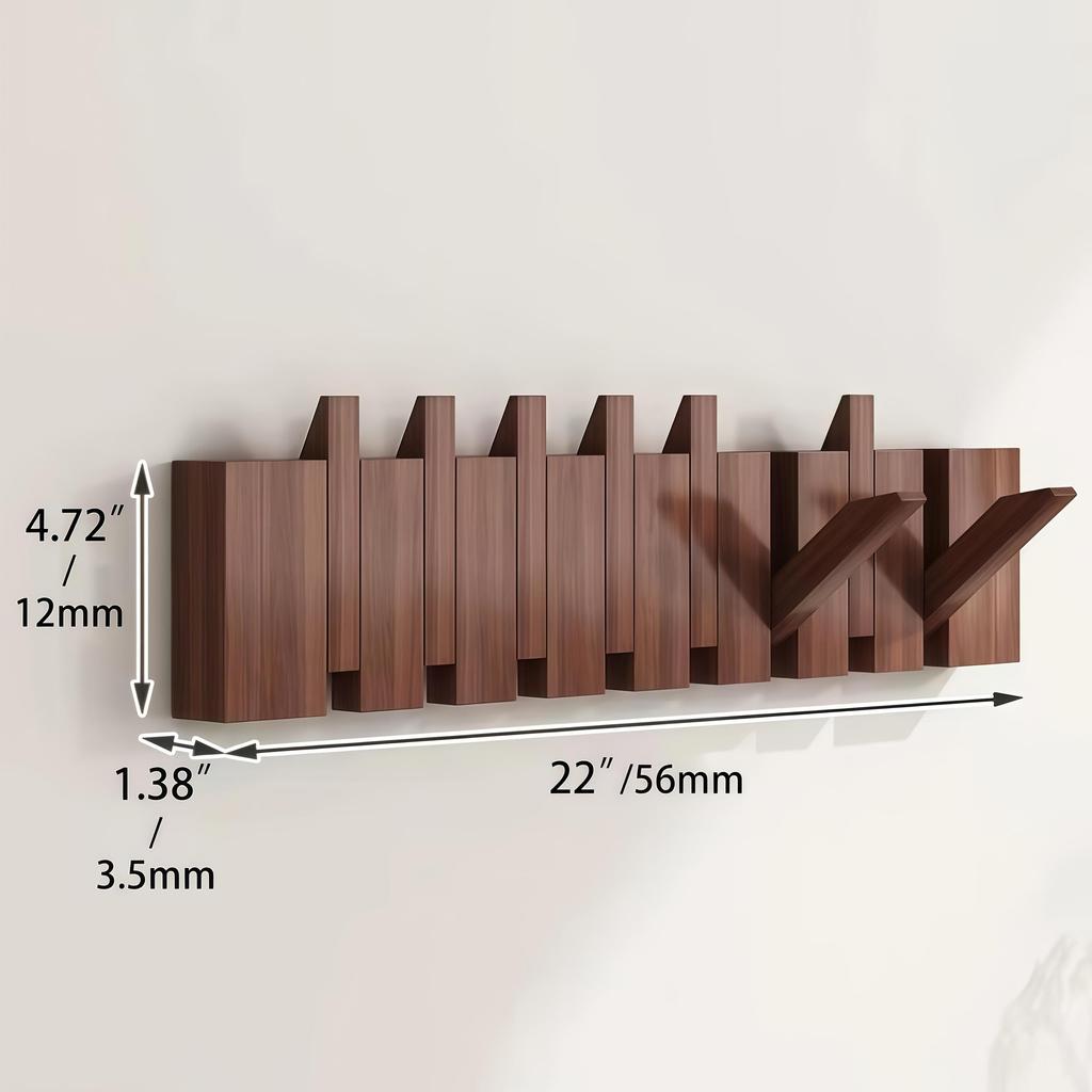 [Wall-Mounted Coat Rack] 1pc Natural Wood Wall-Mounted Coat Rack with Hooks -Piano-Shaped Accordion Design,Walnut Finish,Space-Saving Vertical Storage