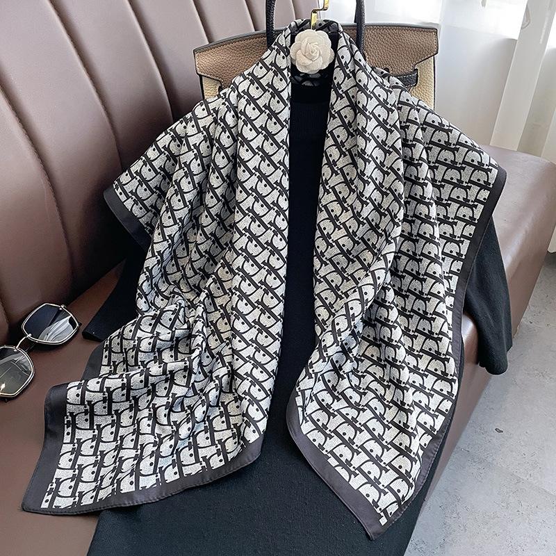 Spring and Autumn Summer Fashion Big Square Scarf Letter Silk Scarf Long Decorative Scarf Shawl Scarf Hairband Women
