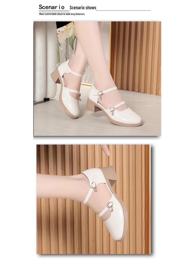 Damen 2024 Hollow Chunky Heel Sandalen: Mittelhoher Absatz Leder mit Ein-Wort-Schnalle & Geschlossene Zehe – Sommerlicher Sanfter Stil