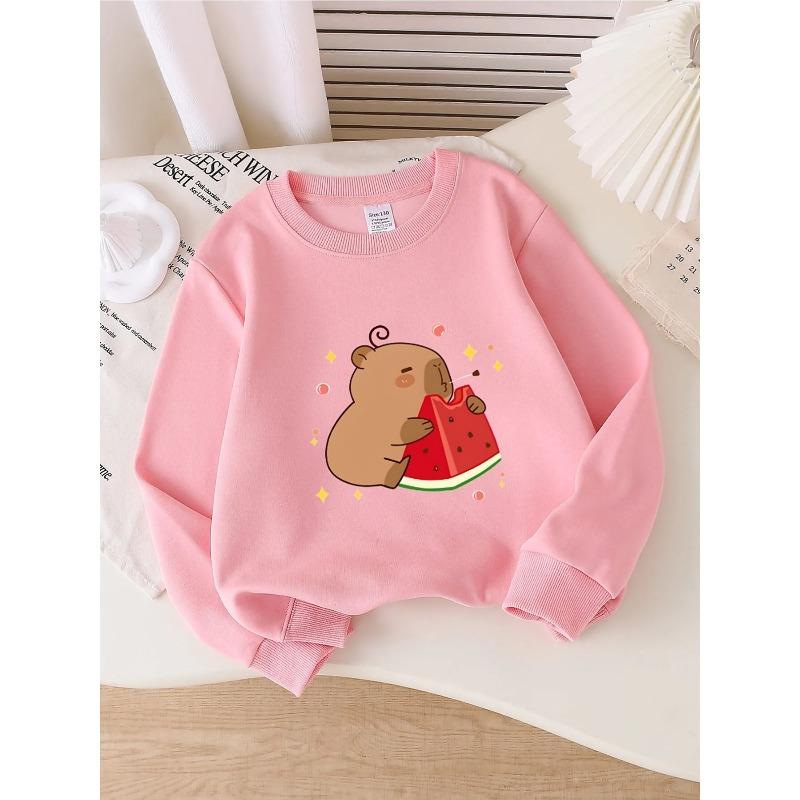 European Sizes Kids' Crewneck Sweatshirt - Cute Bear Eating Watermelon Slice , Sportswear And Casual Wear, Soft And Comfortable, Children's Clothing