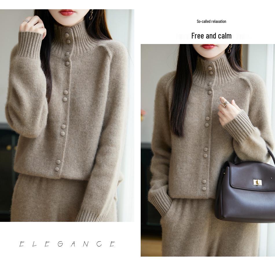 Women's Heavyweight Pure Wool Stand Collar Cardigan for Autumn/Winter