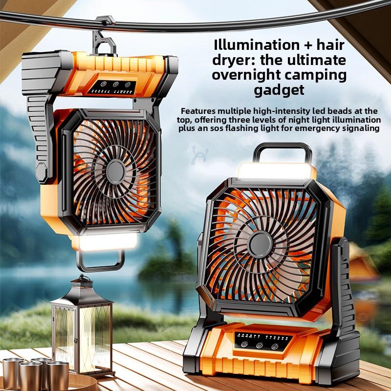 Portable Camping Fan Rechargeable Battery Operated with Lights Outdoor Beach Tent Fan 4 Speed Adjustable Brightness Heavy Duty