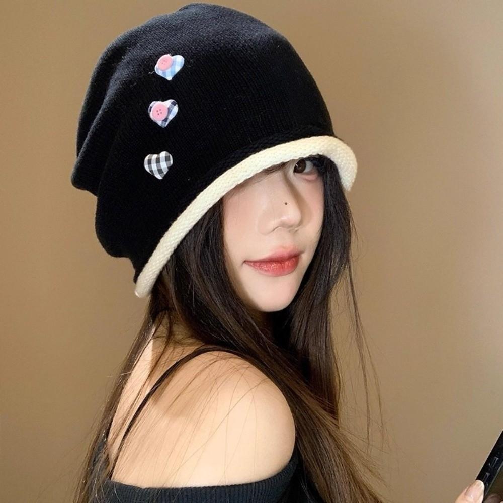 Heart Button Y2k Baggy Cap Vintage Pullover Hats Retro Knitted Beanies Cap  Spring and Autumn