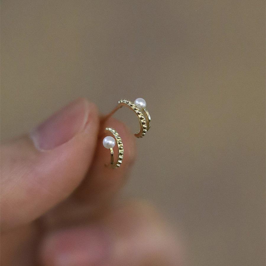 S925 Sterling Silver Gold Plated Double Layer Ear Cuff with Pearl Stud Earrings for Women Platinum Pair (with Silver Ear Plug)