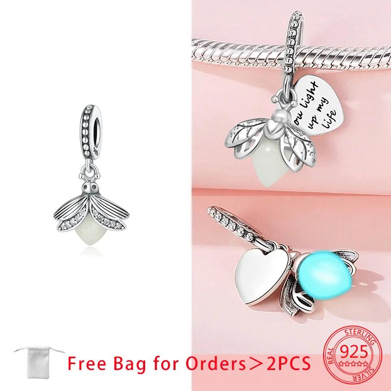 Original Copper Luminous Firefly Purple Zircon Firefly Heart-Love Charms Beads Pendant Fit Bracelet For Women Diy Gift