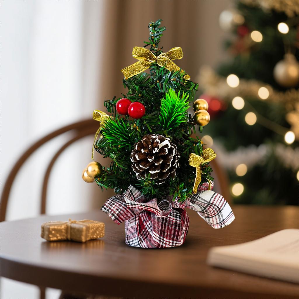 20CM Bottom Covered Desktop Christmas Tree Red And Black Checkered Scottish Indoor Christmas Bow Decoration