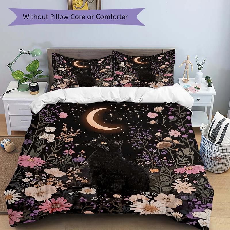 

3pcs Creative Black Cat Flowers Starry Sky Pattern Bedding Three-Piece Set (No Fillings), Soft and Comfortable M038 135x200cm
