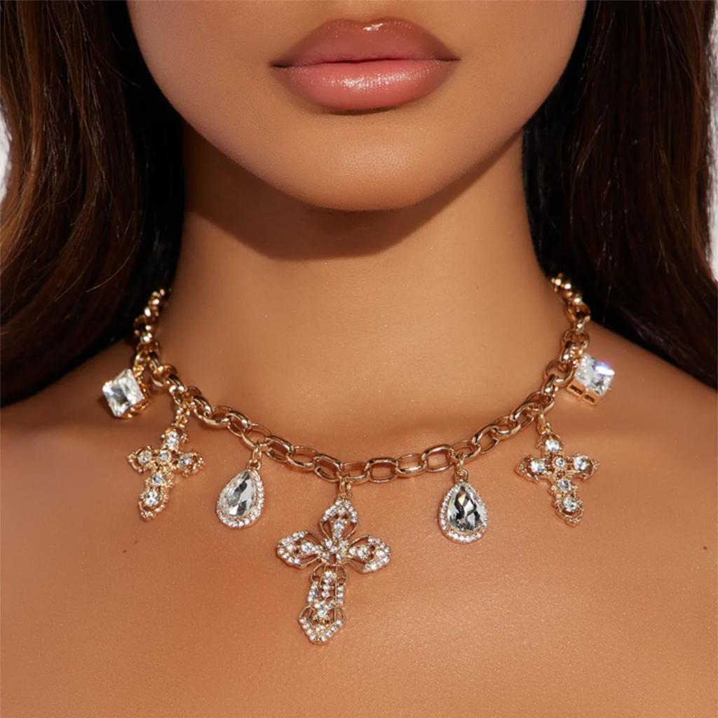 Hip Hop Cross Pendant Necklace Punk Rhinestone Accessory