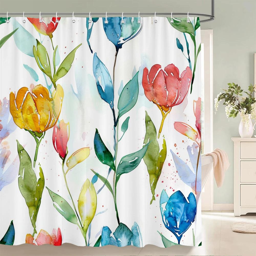1 pack Watercolor tulip flowers pattern polyester material shower curtain bathroom partition curtain home decorative curtain