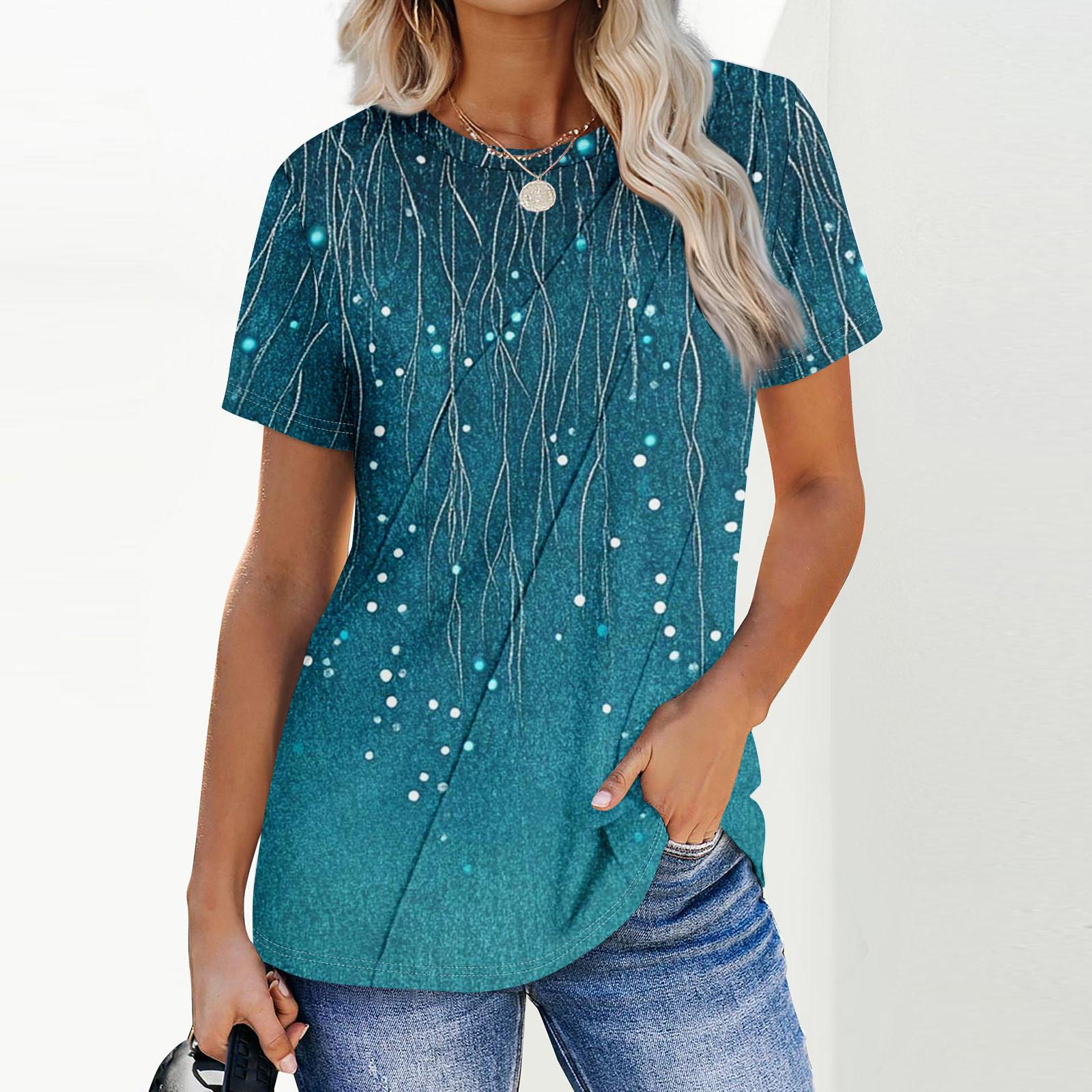 

Женская мода повседневная с коротким рукавом однотонные топы плиссированная модная одежда футболка L синий