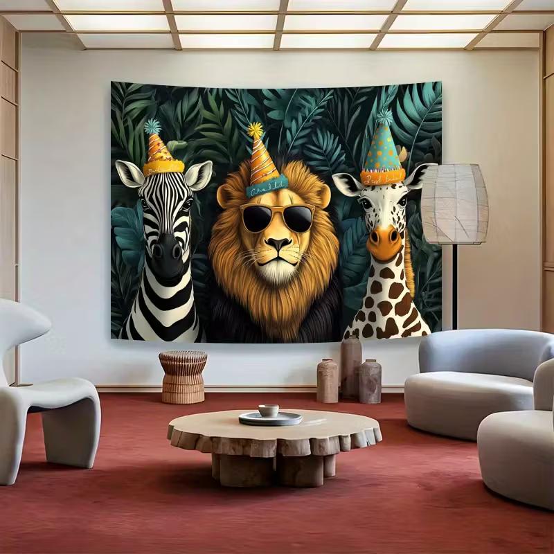 Birthday Party Animals Backdrop Funny Safari Lion, Zebra and Giraffe Photography Background