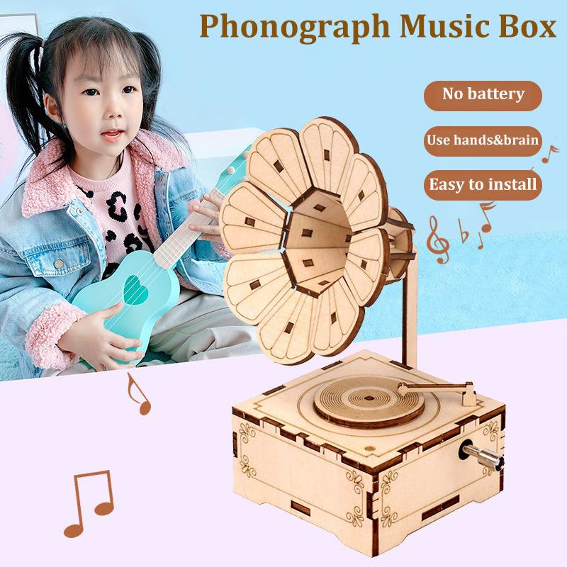 3D Wooden Jigsaw Puzzle Phonograph Music Box, DIY Petal Trumpet Model, Wind-up Music Box, Retro Music Gift Assembly Kit