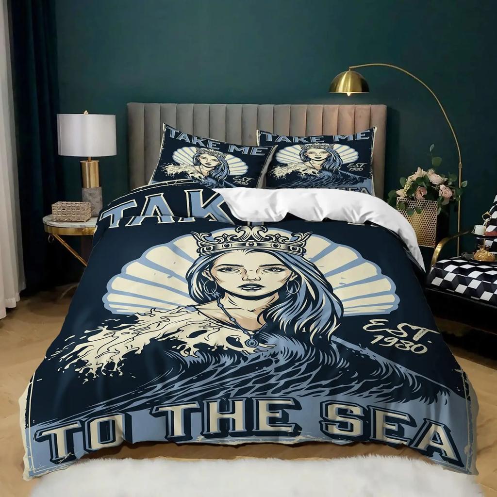 Nautical Theme Bedroom Quilt Cover Set Ocean World Printed Bedding Three-Piece Quilt Cover