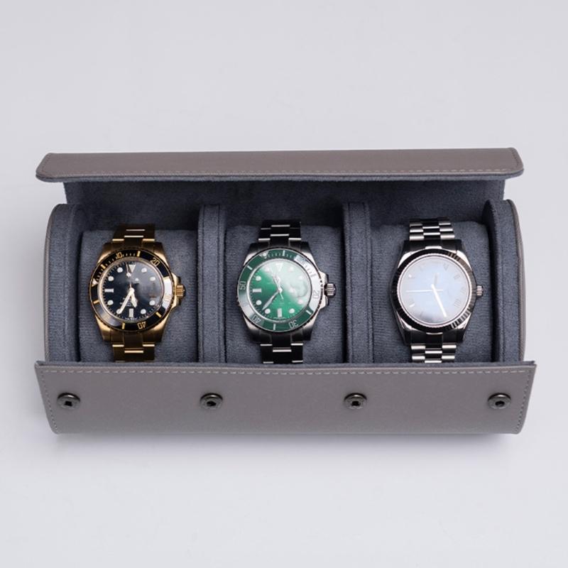 Compact Travel Friendly Watch Box Featuring Protective Flocking Compartments Waterproof Watch Organizers Leather Texture