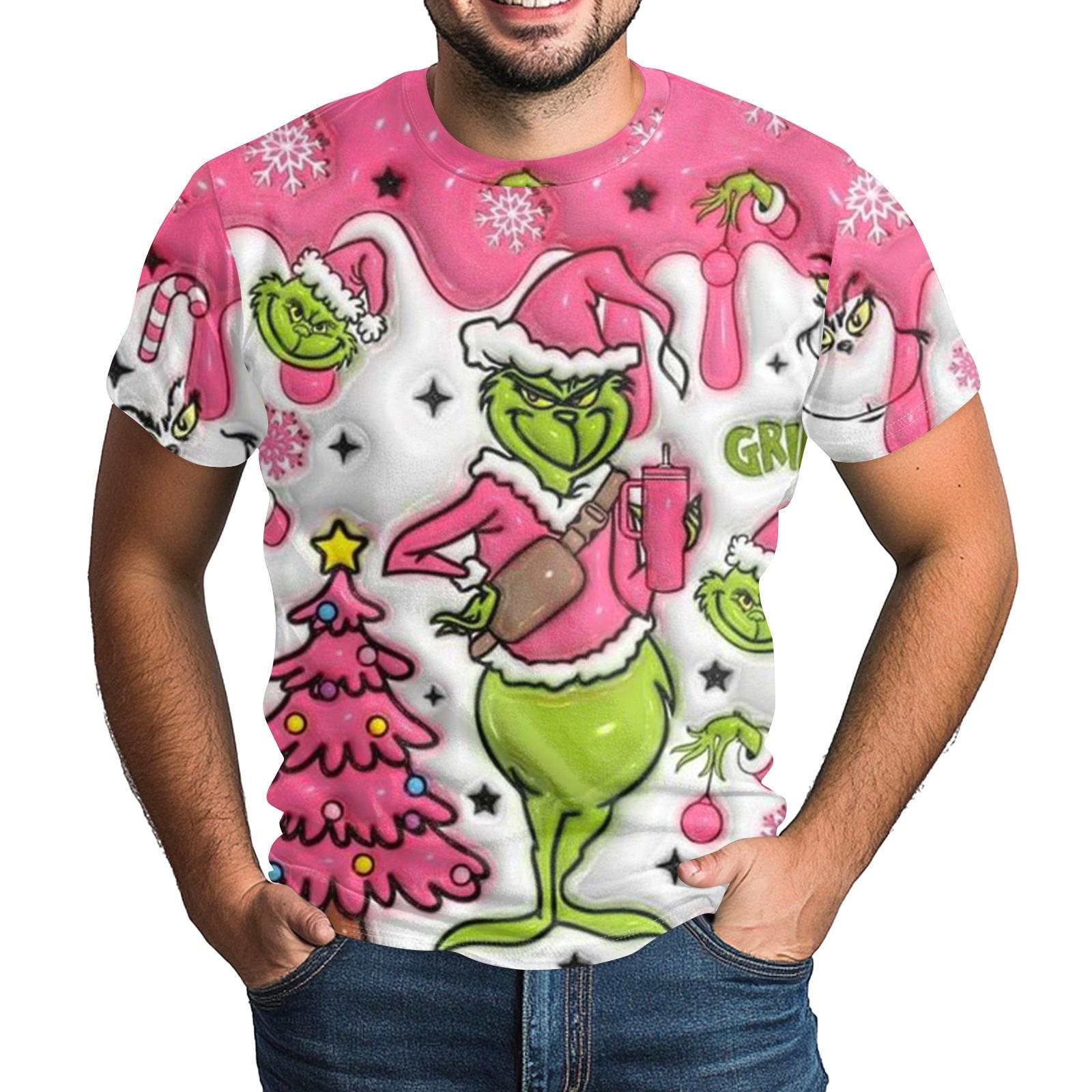 Festive Christmas Plaid T-Shirt for Men, Holiday Graphic Tee with Santa and Tree Design, Casual Holiday Apparel XL