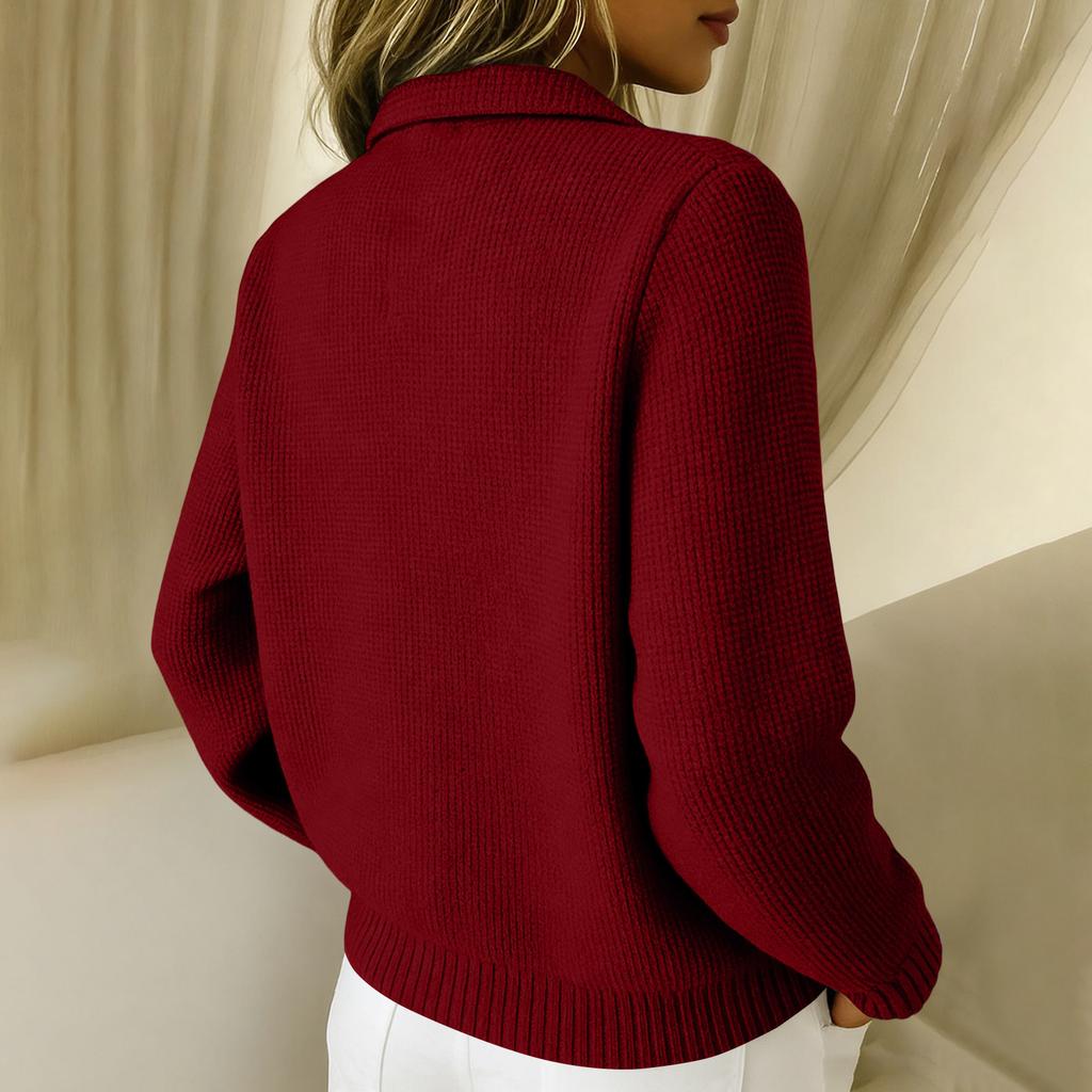 Women's Casual And Fashionable Knitted Collared Solid Color Cardigan