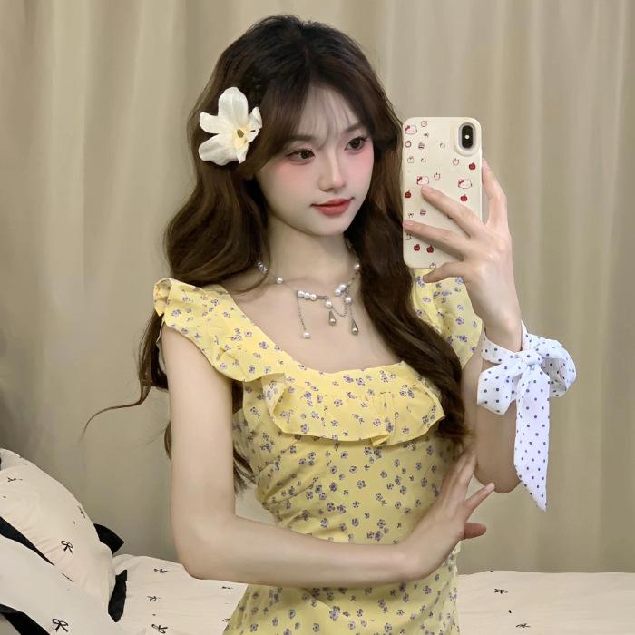 French retro floral dress medium and long summer temperament new square neck skirt lotus leaf dress S жёлтый