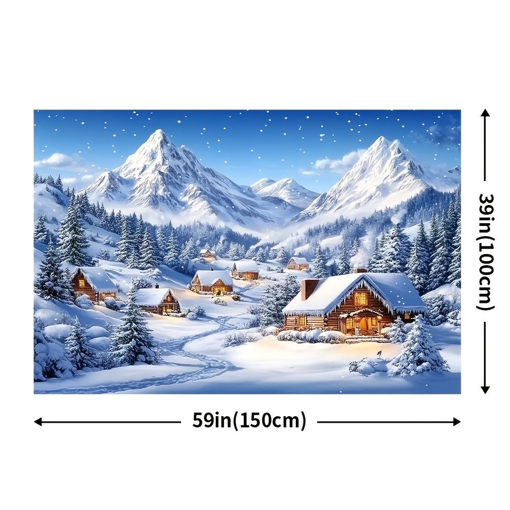 1 piece of rural winter wonderland background cloth - Christmas town and snow-capped mountain pine forest scene, polyester