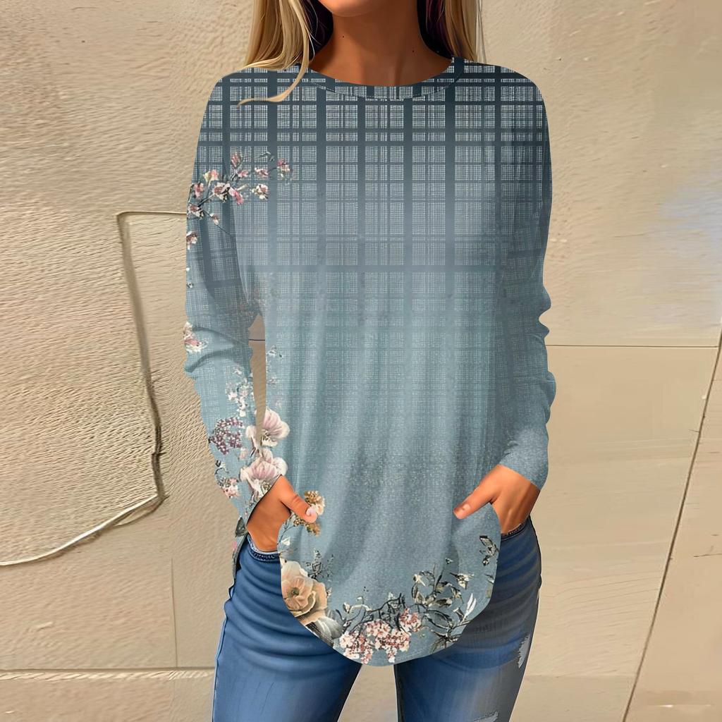 Women's Fashion Pullover Round Neck Long Sleeve Printed Top