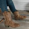Women's Autumn and Winter New V-neck Knight Boots, Pointed and Thick Heel Retro Embroidered Mid Tube Western Cowboy Boots