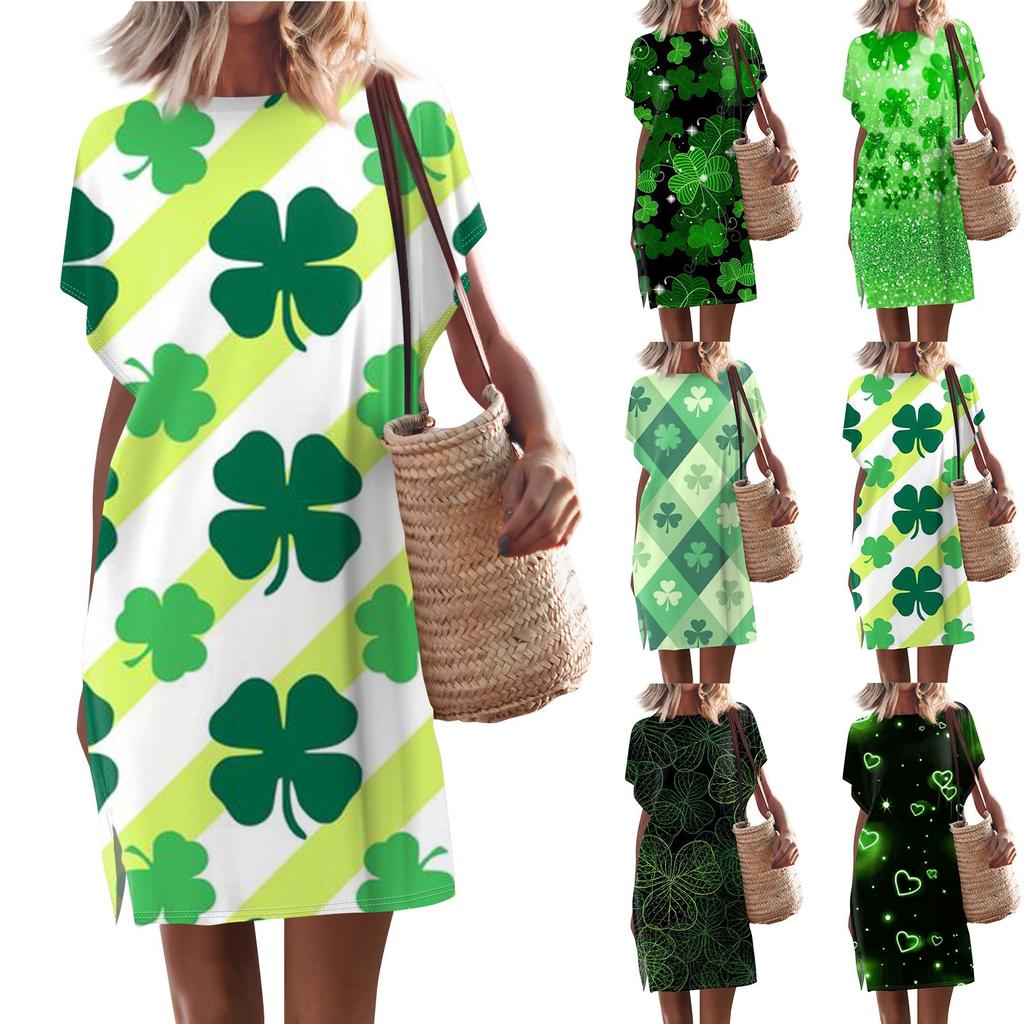 Women's Casual Round Neck Solid Color Pullover Short Sleeve Split Dresses