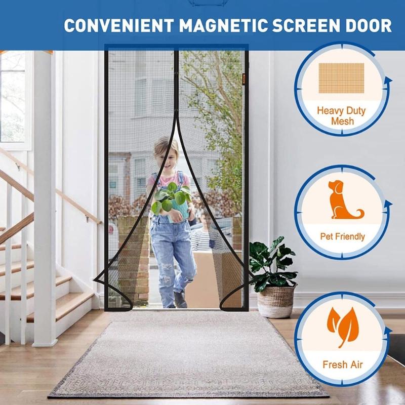 Magnetic Snap Screen Door Curtain, Polyester Meshes Frame Hook, Fit Door Up To 210cm