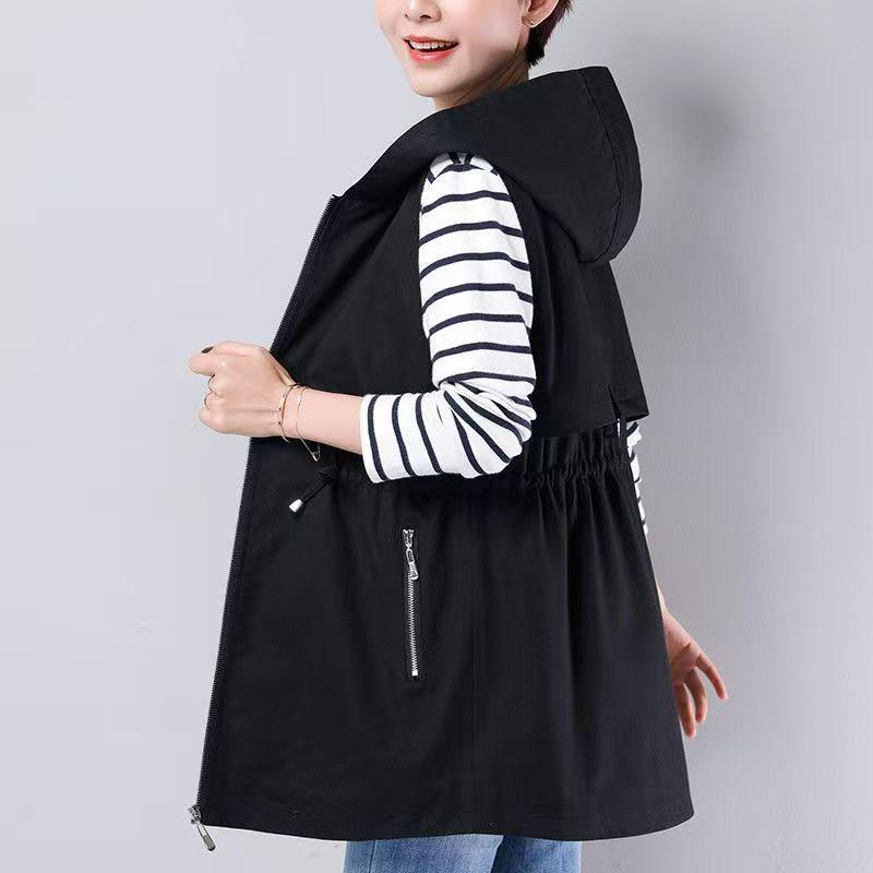 Women s Hooded Vest Casual Loose Sleeveless Tank Mid-Length Cardigan Vest Spring Autumn M чёрный