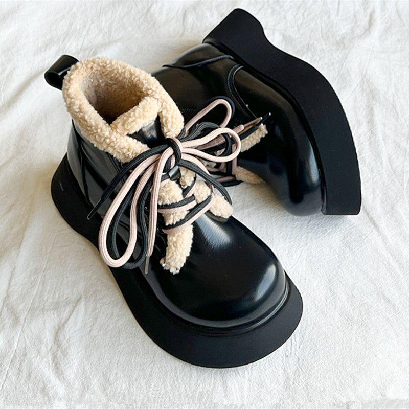 Fashion Round Toe Lace-up Chunky Snow Boots for Women Leather Plush Booties Comfortable and Elegant Footwear Autumn Winter Woman Shoes