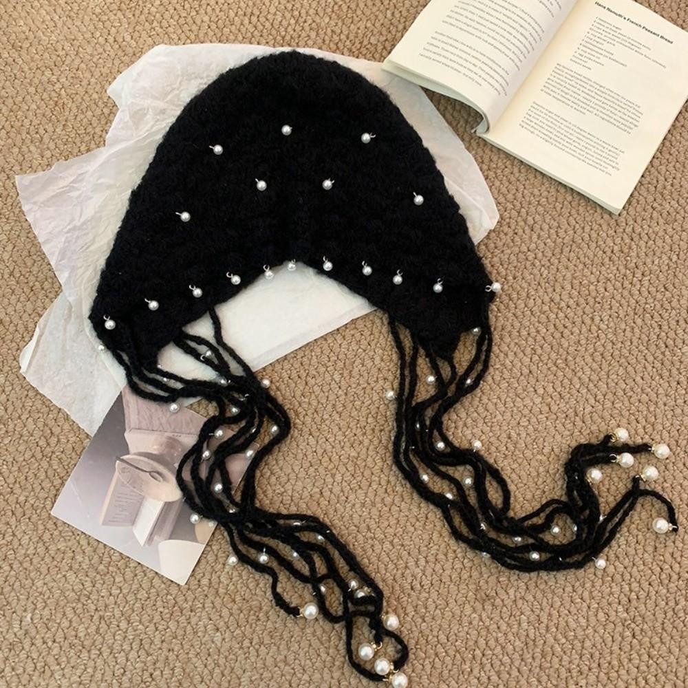 Pearl Tassel Fringed Beanie Cap Stretchable Pendant Headband Hat Knitted Pullover Hat  for Women